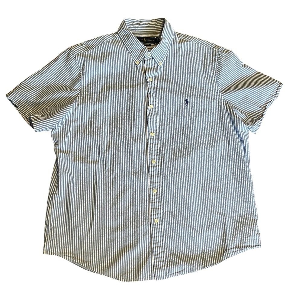 Ralph Lauren Mens XL Blue White Striped Seersucker Short Sleeve Shirt